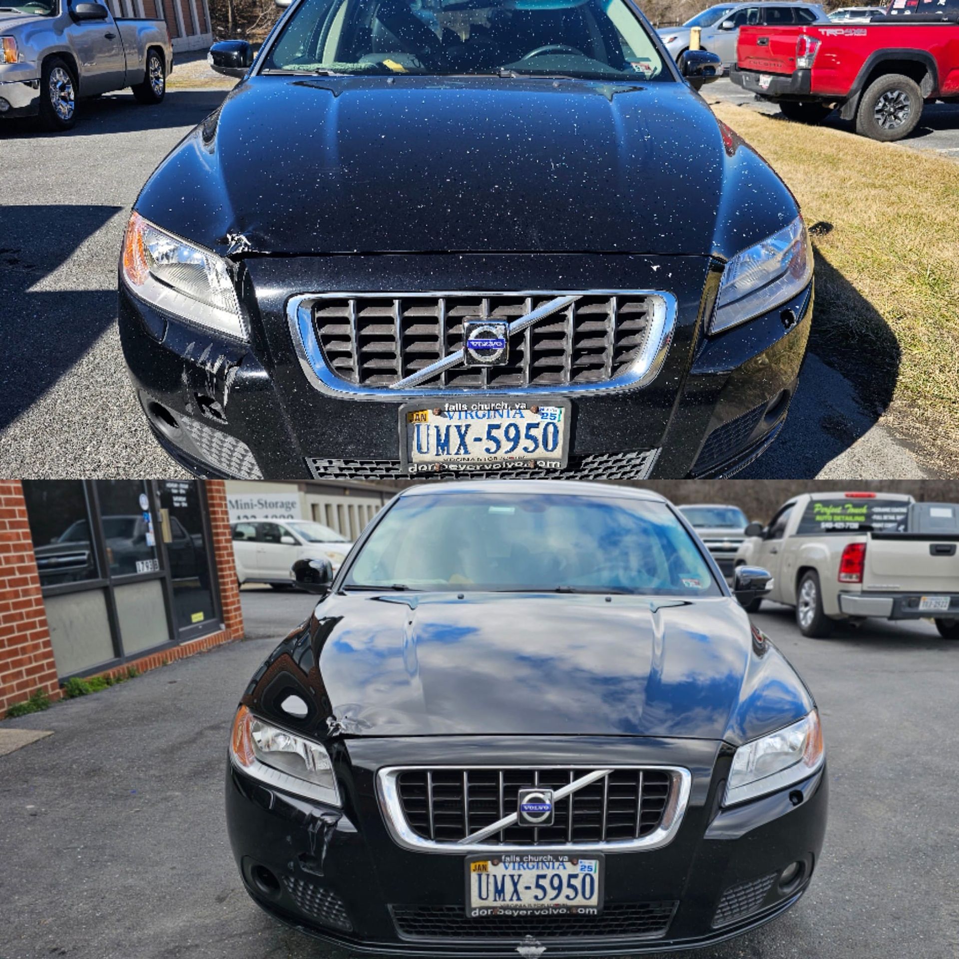 A black volvo with a license plate that says wmx-5950