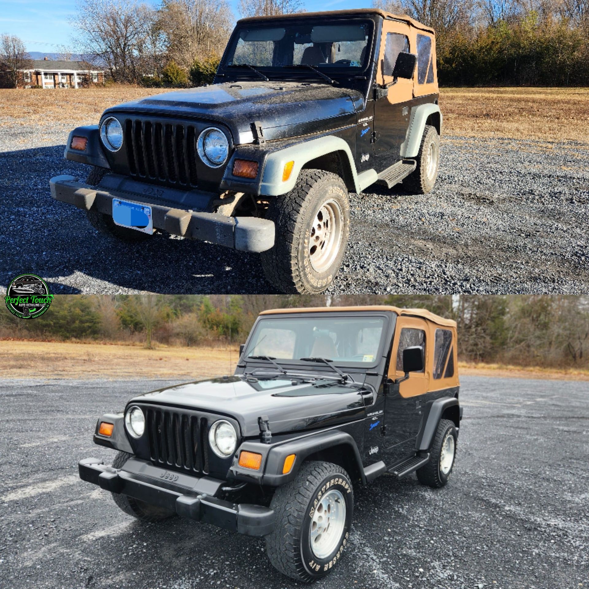 A before and after photo of a jeep in a parking lot.