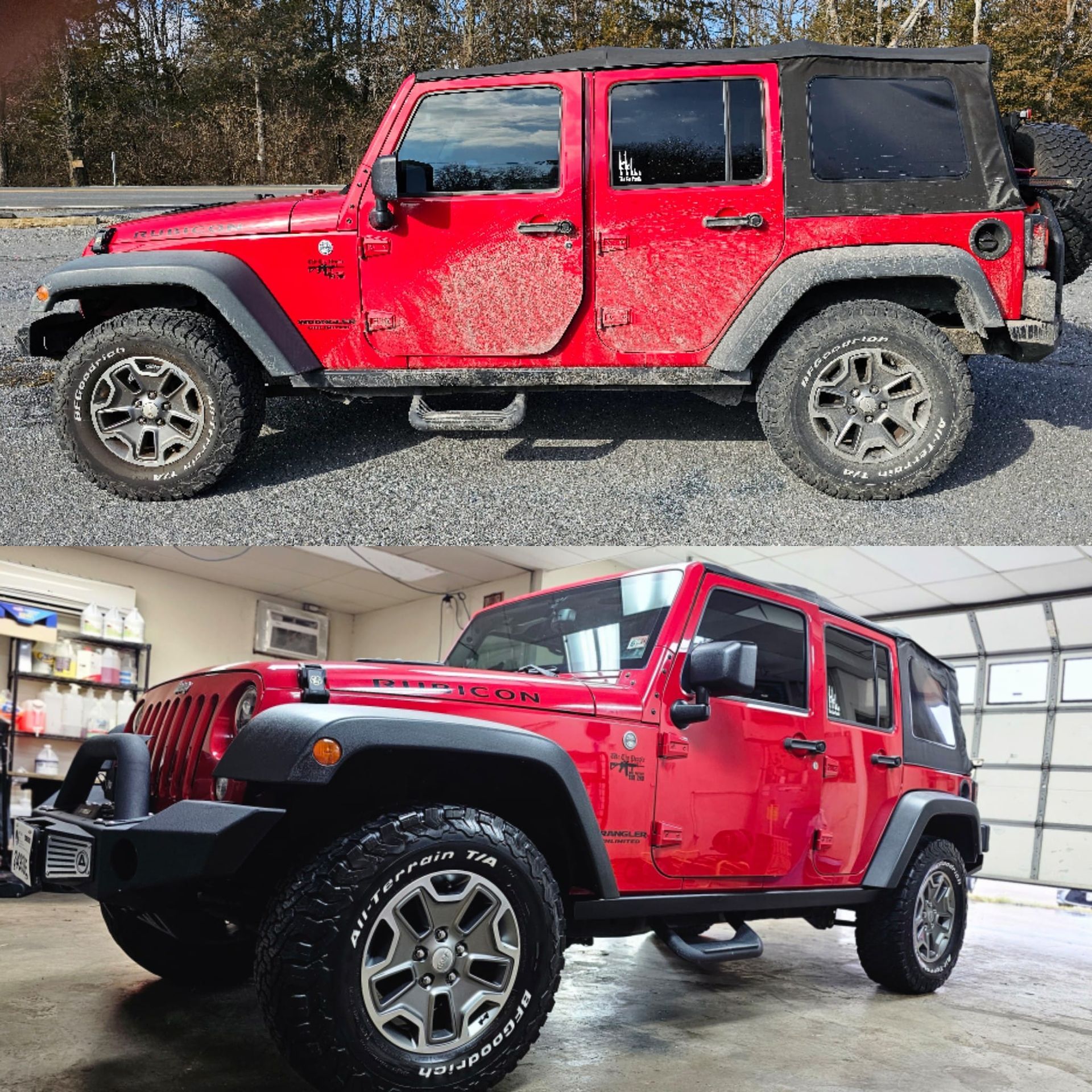 A before and after picture of a red jeep