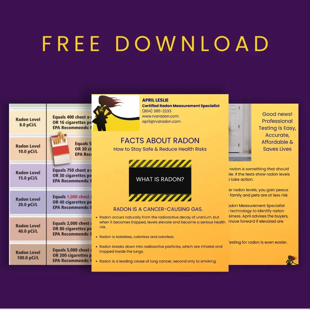 Free radon facts download featuring a brochure, infographic, and tables with information.
