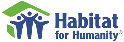 Logo for Habitat for Humanity: green roof over blue figures and text.