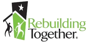 Rebuilding Together logo: Two figures lifting a roof. Green house shape with star, and text