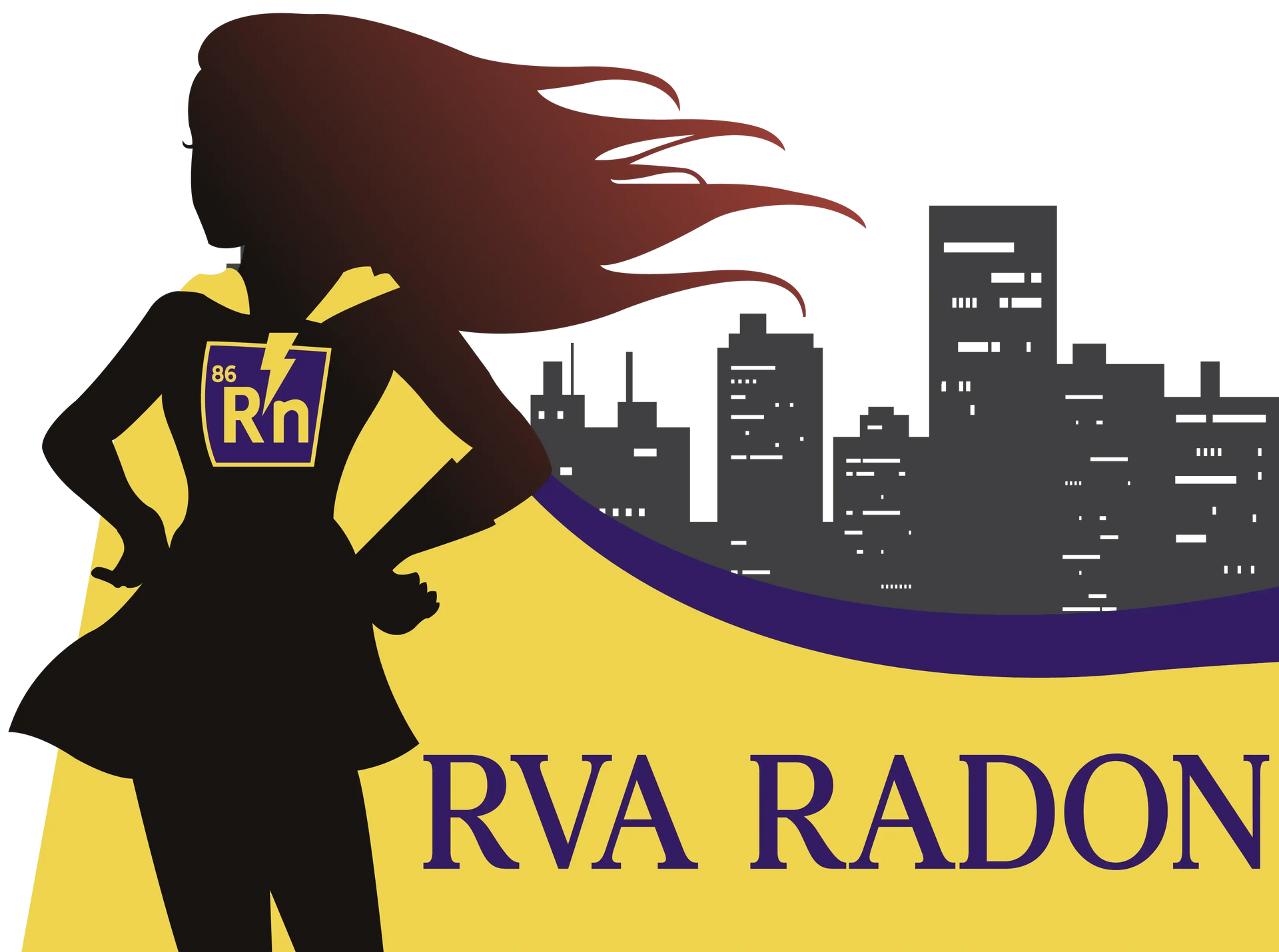 Silhouette of a superhero with a radon symbol on her cape, in front of a city skyline;