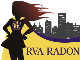 Silhouette of a superhero with a radon symbol on her cape, in front of a city skyline; 