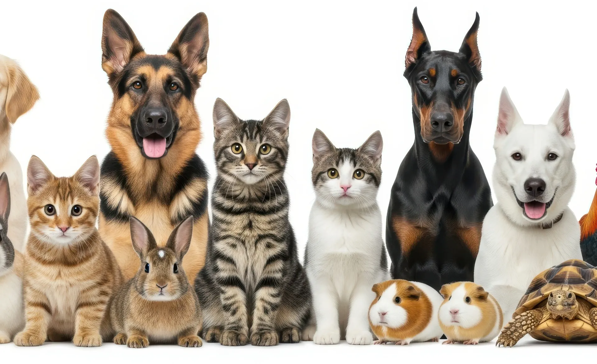 Various pets, including dogs, cats, a rabbit, guinea pigs, and a turtle, lined up against a white background.