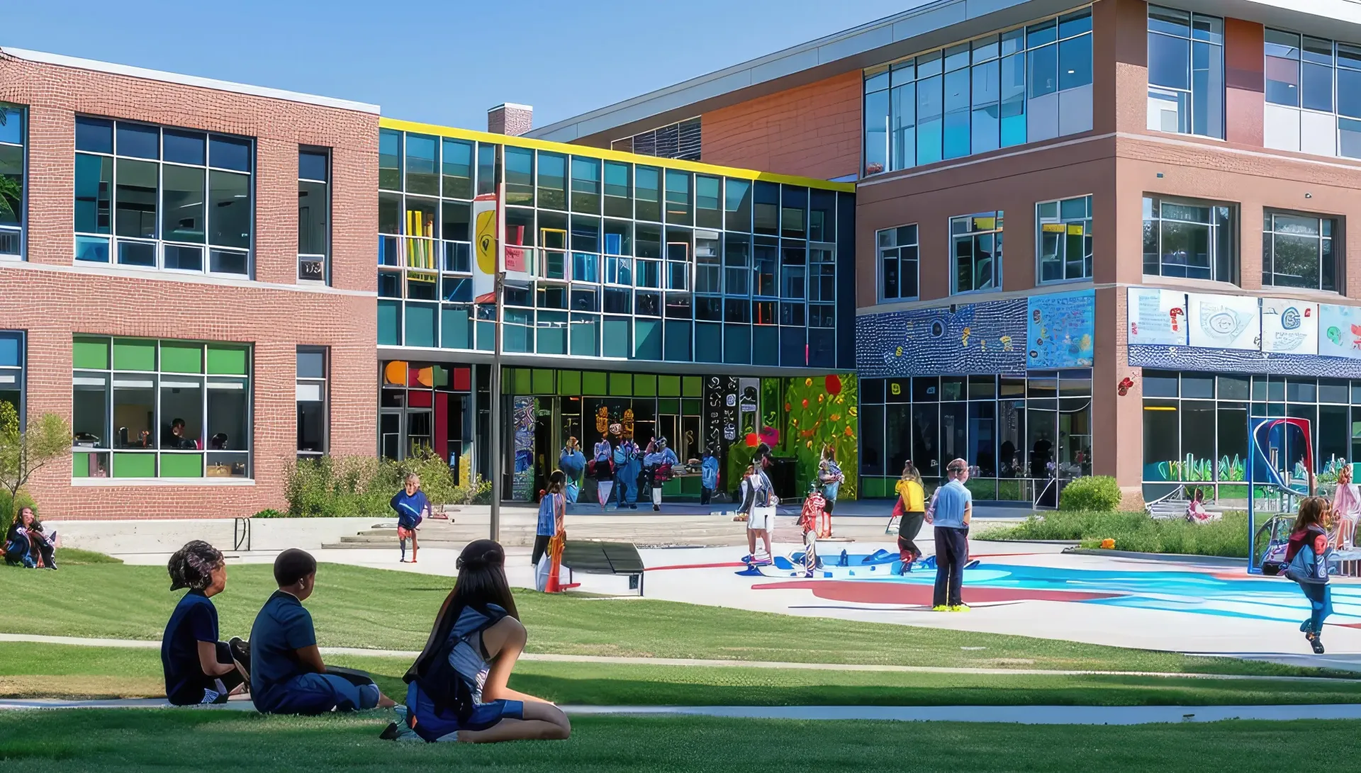 School exterior with children on lawn; red brick building, glass walkway.