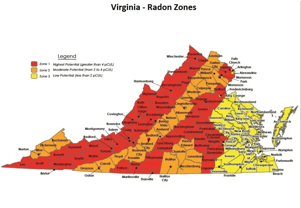 Map of Virginia showing radon zones: red, orange, and yellow areas indicating potential radon levels.