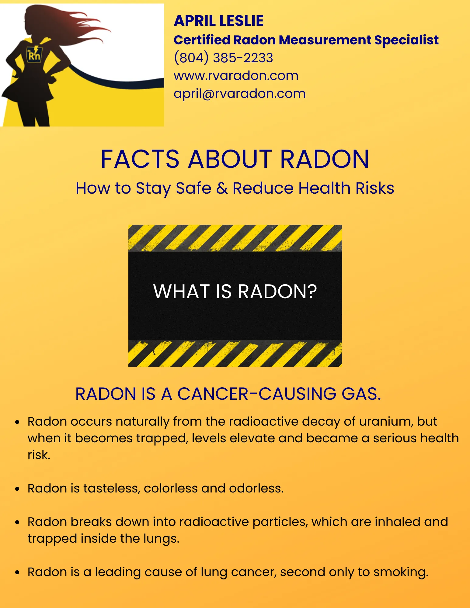 A poster explaining facts about radon how to stay safe and reduce health risks