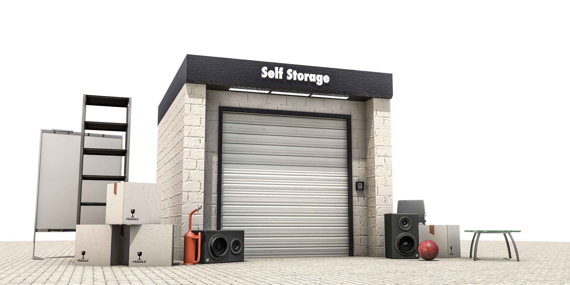A self storage building with boxes and speakers outside – Springfield, OR - 42nd St Mini Storage