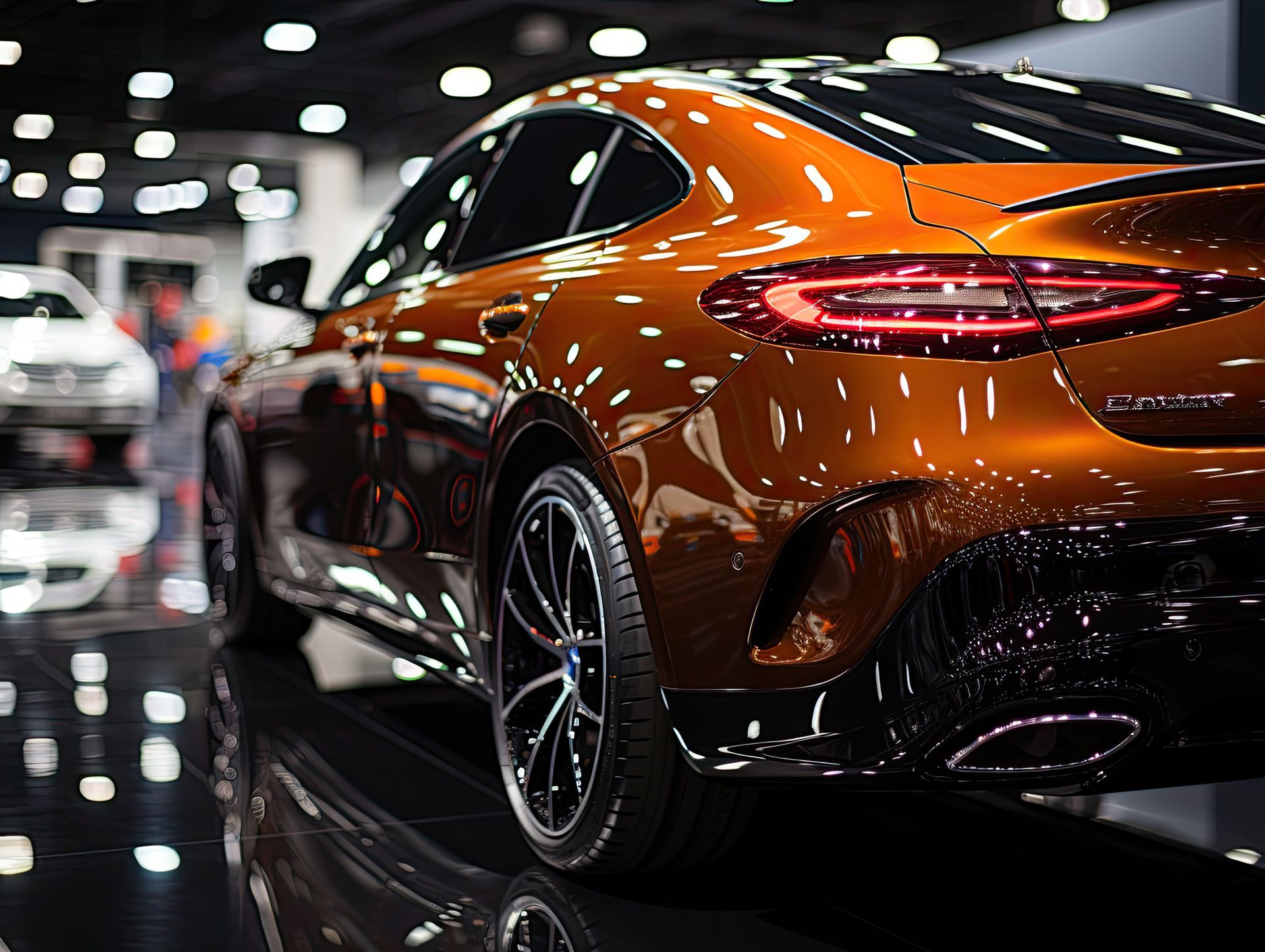 A close up of a car on display at a car show