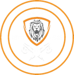 A lion 's head is in a shield in a circle.