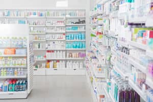 A blurred image of a pharmacy filled with lots of products on shelves.