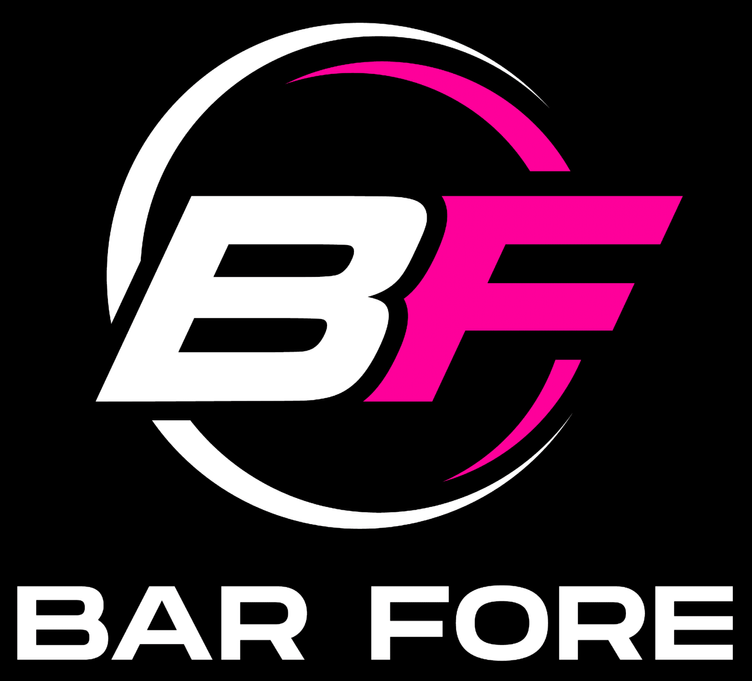 The logo for bar fore is white and pink on a black background.