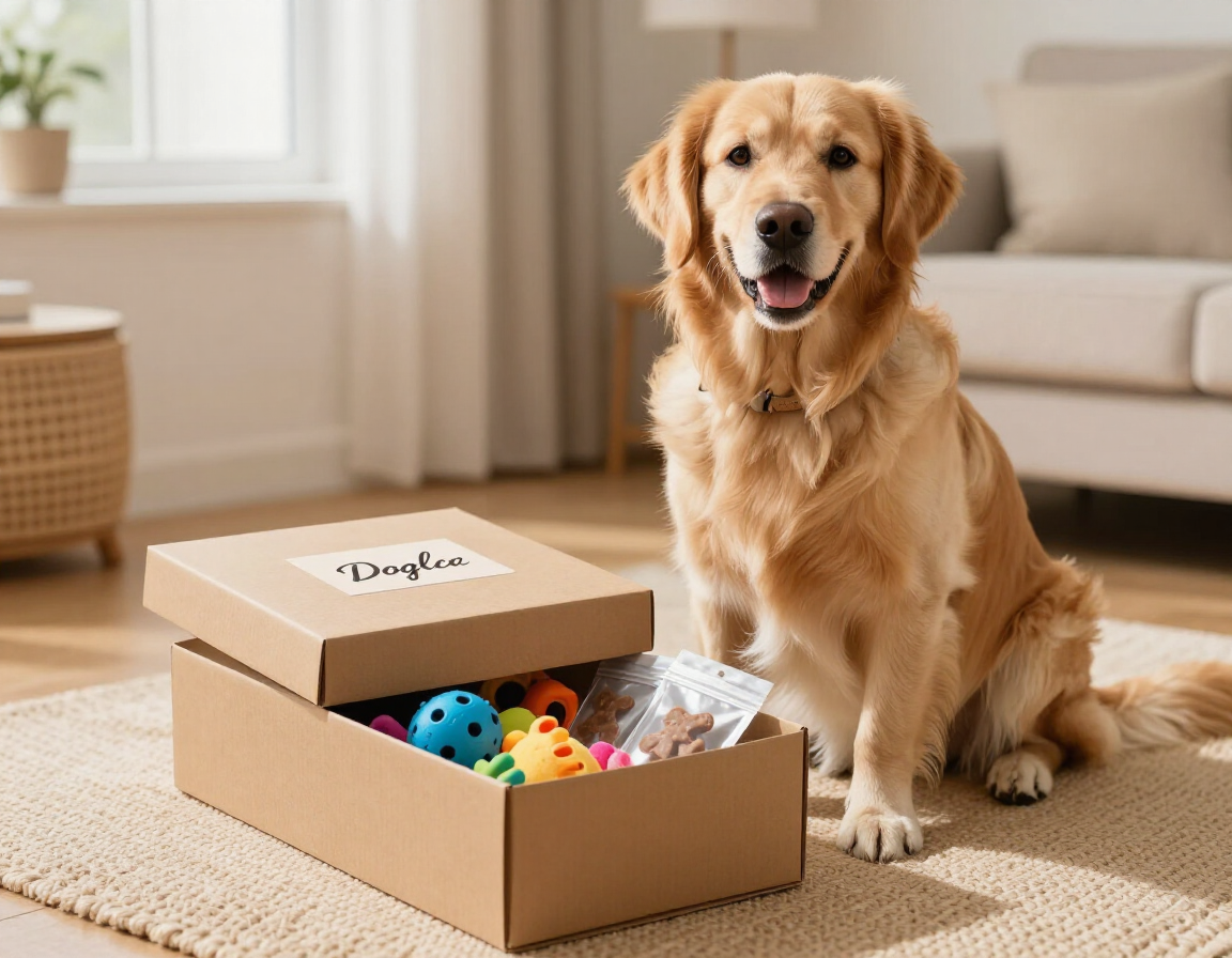 Een blije hond naast een gepersonaliseerde box