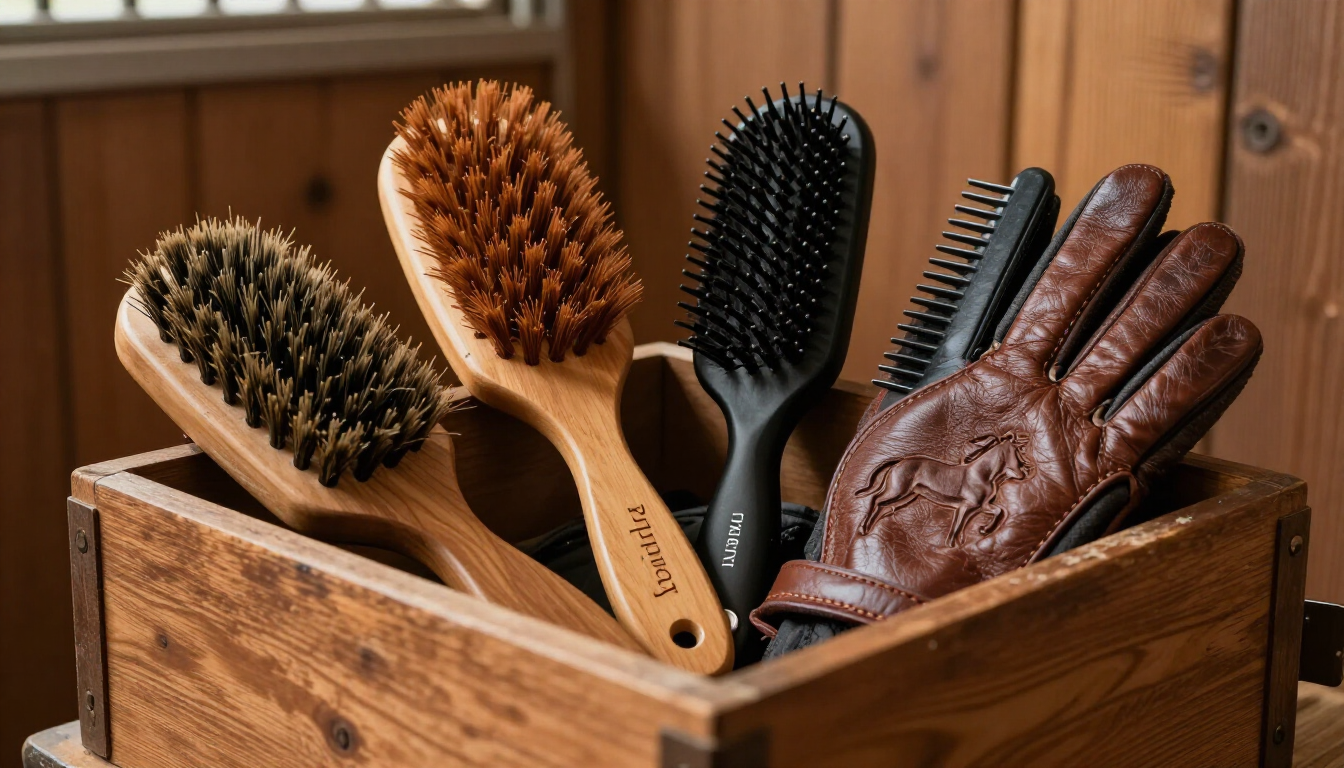 Close-up van paardenborstels en verzorgingsset
