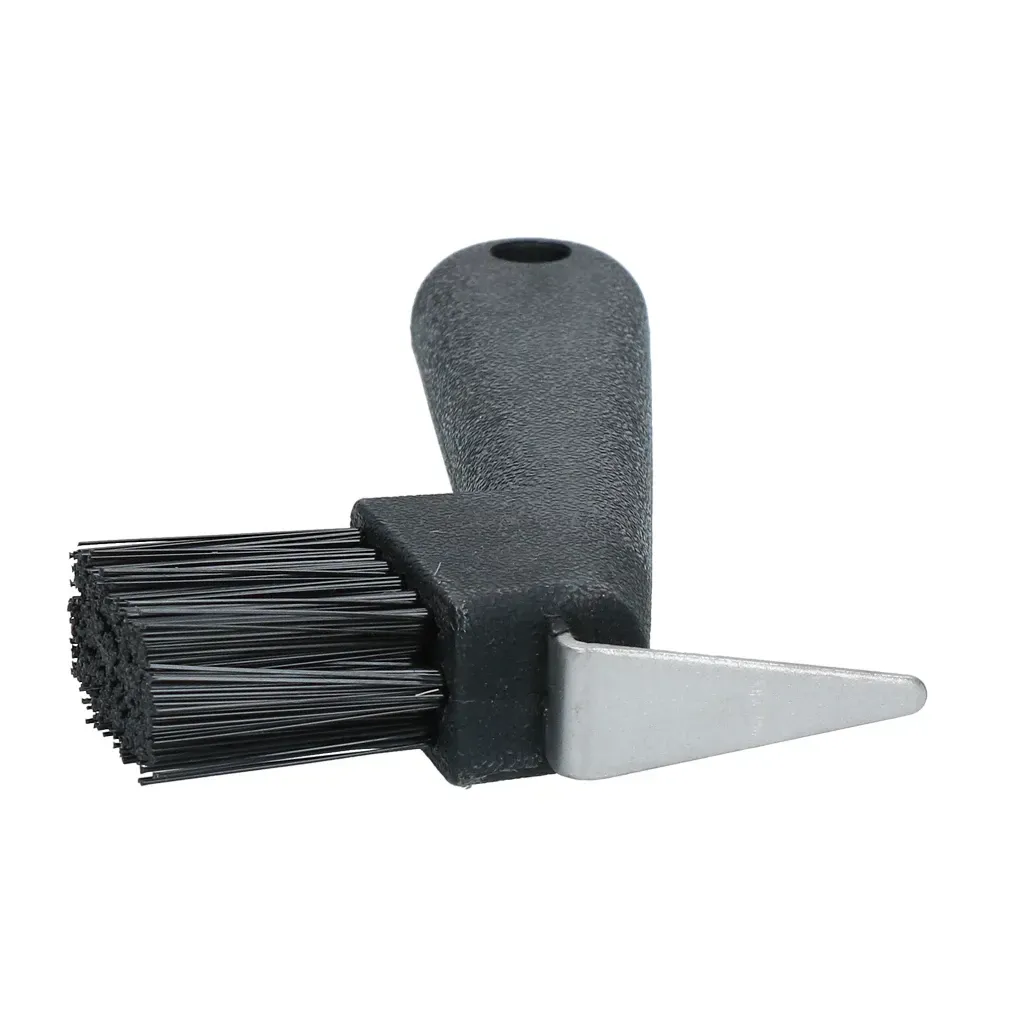 Zwarte hoefkrabber met borstel; witte kaart met afbeelding van een paard.