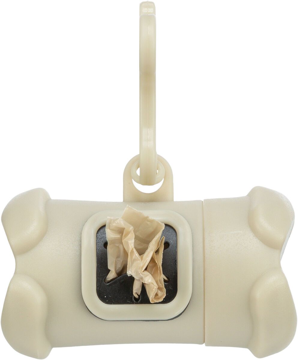 Botvormige, bordeauxrode dispenser voor hondenpoepzakjes met clip.