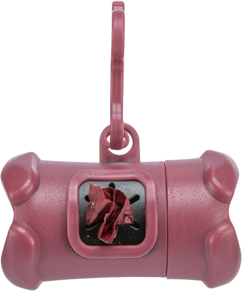 Botvormige, bordeauxrode dispenser voor hondenpoepzakjes met clip.
