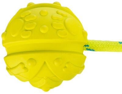 Geel hondenspeeltje in de vorm van een eikel met een handvat van touwlus.