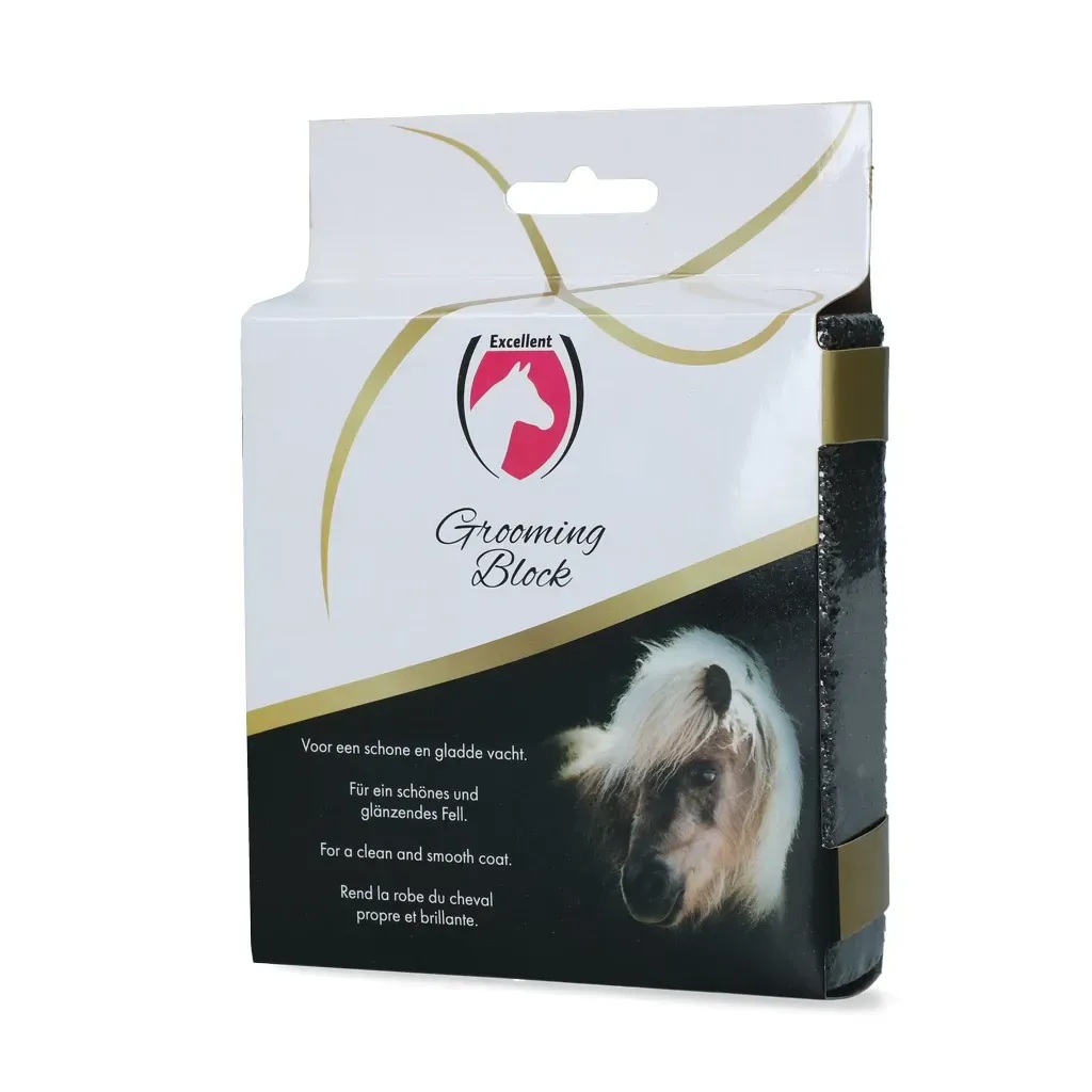 Verpakking van verzorgingsblokjes met een paardenillustratie en tekst.