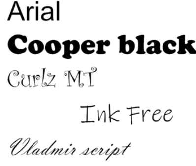 Voorbeelden van lettertypen: Arial, Cooper Black, Curlz MT, Ink Free, Vladimir script.