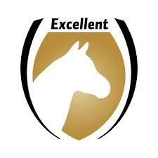 Gouden schildlogo met wit paardenhoofd en het woord 