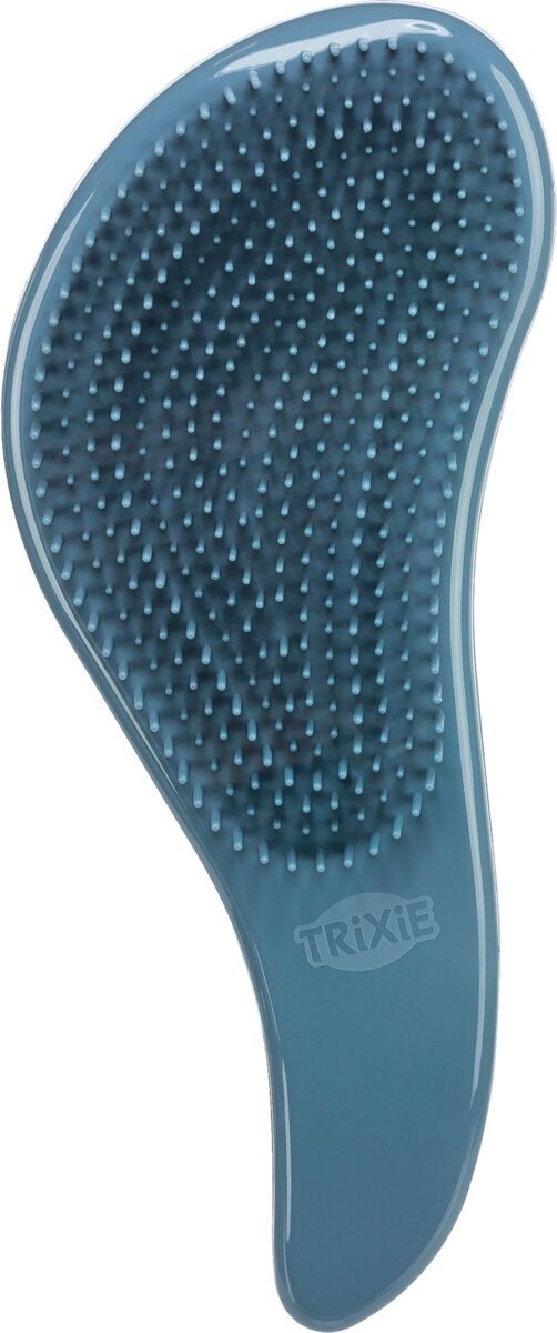 Blauwe huisdierborstel met afgeronde borstelharen en een gebogen handvat.