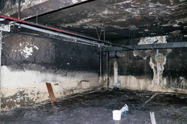 Severe fire and smoke damage in a commercial basement.