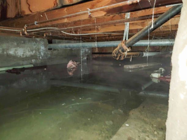 Standing water in a dark crawl space under a house.