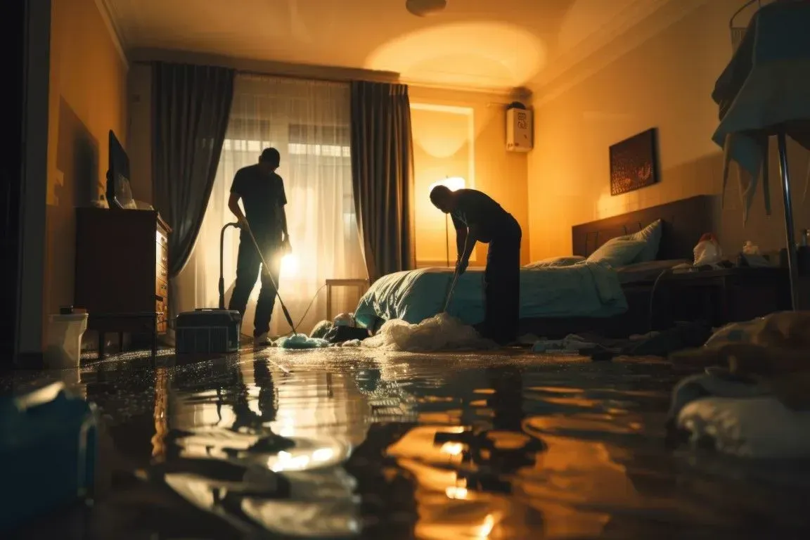 Emergency water extraction from a flooded bedroom at night.