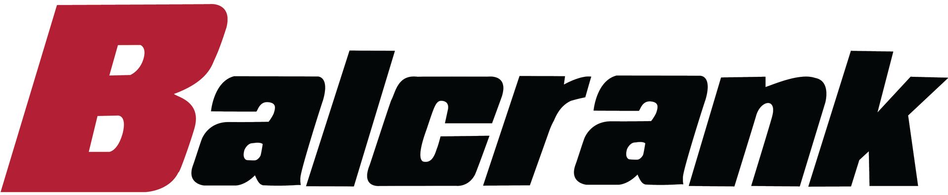 A red and black logo for balcrank on a white background.
