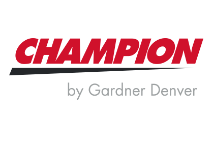 The champion by gardner denver logo is red and black on a white background.