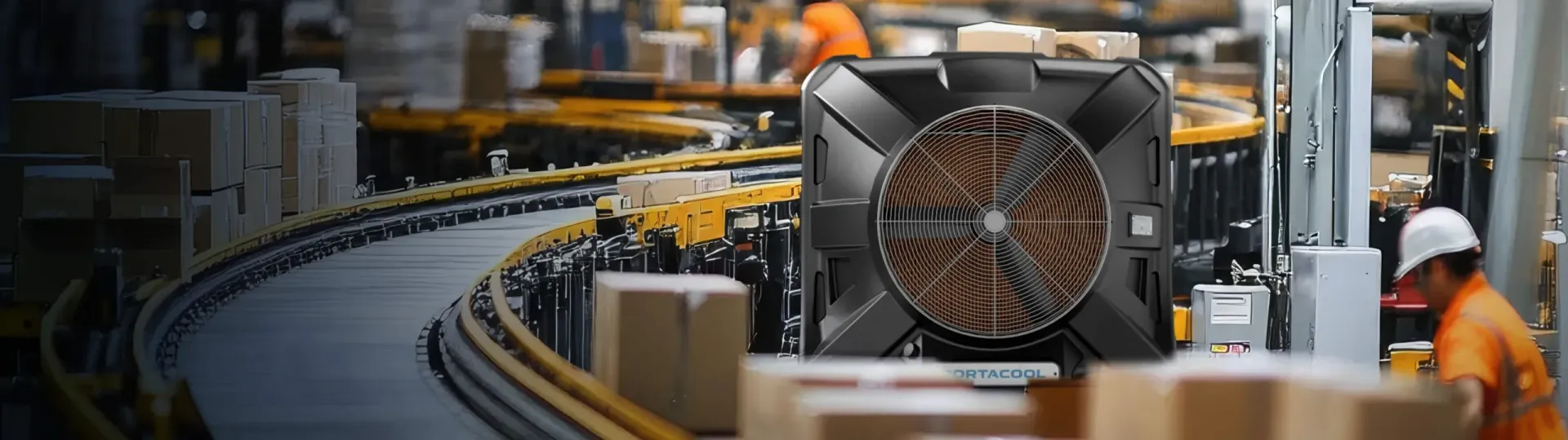 A man is standing in front of a conveyor belt in a warehouse.