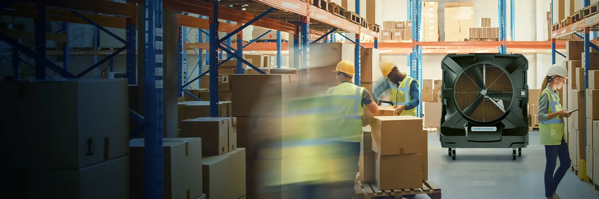 A warehouse filled with lots of boxes and a fan.