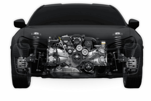 Internal cut-away view of a car engine, suspension, and brakes.