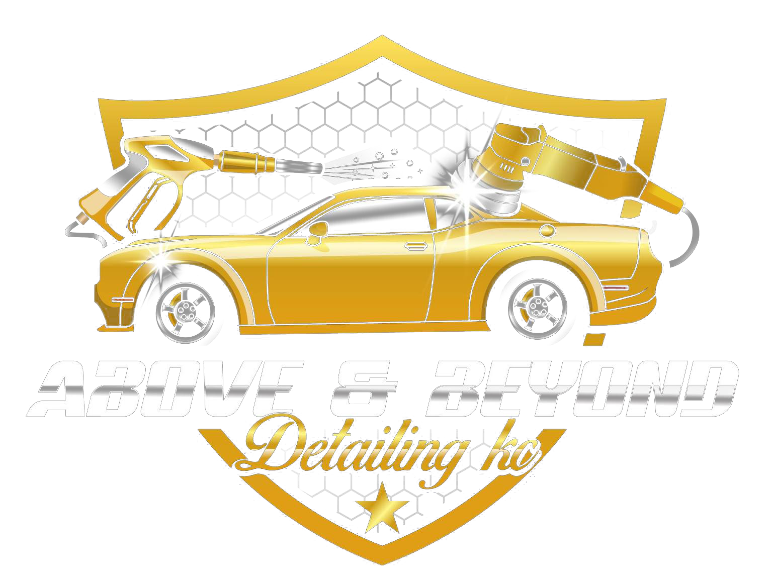 Gold car inside a gold shield with detailing tools, the text "Drive In Detailig KC".