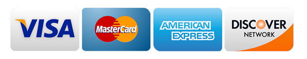 Logos for Visa, Mastercard, American Express, and Discover credit cards.
