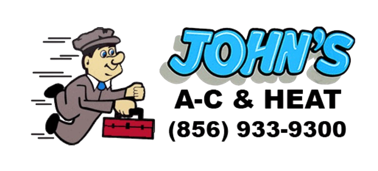 Logo: Cartoon man with briefcase in motion, "John's A-C & HEAT," phone number (856) 933-9300.