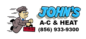 Logo: Cartoon man with briefcase in motion, "John's A-C & HEAT," phone number (856) 933-9300.