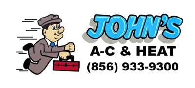 Logo: Cartoon man with briefcase in motion, "John's A-C & HEAT," phone number (856) 933-9300.