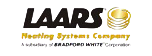 Logo for Laars Heating Systems Company, a subsidiary of Bradford White Corporation. Dark letters, gold image.