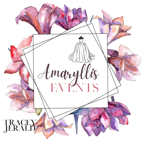 The logo for amaryllis events is surrounded by purple flowers.