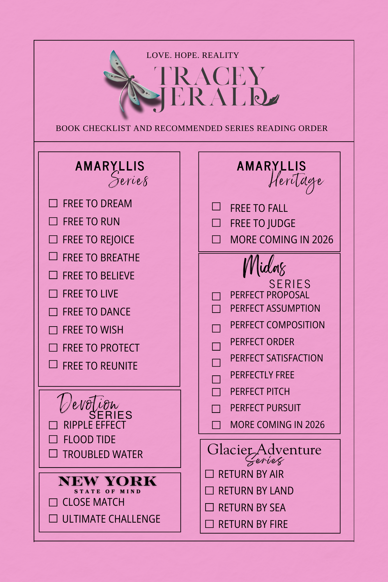 A pink poster with a list of Tracey Jerald books on it. 