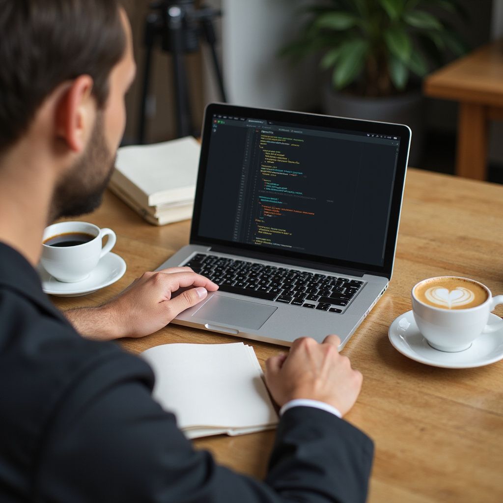 Man coding on laptop at a wooden table with two coffee cups and a stack of papers.