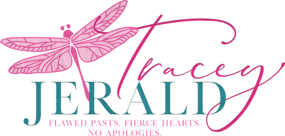 The logo for tracey j. jerald shows a dragonfly on a black background.