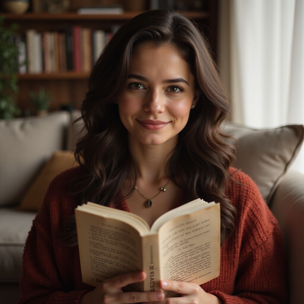 Woman reading a book, smiling at the viewer. Indoors, seated on a sofa near a window and bookshelf.