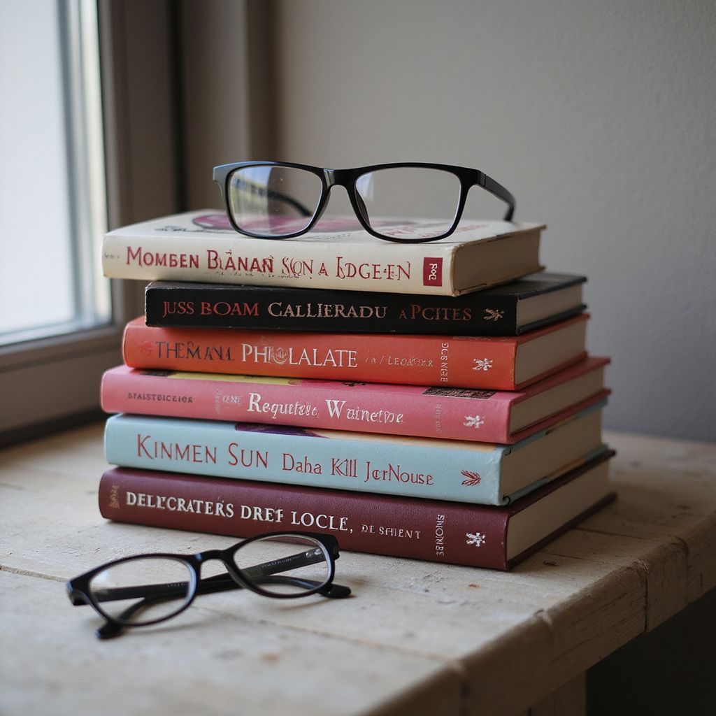 Stack of books with glasses on top and below, near a window.
