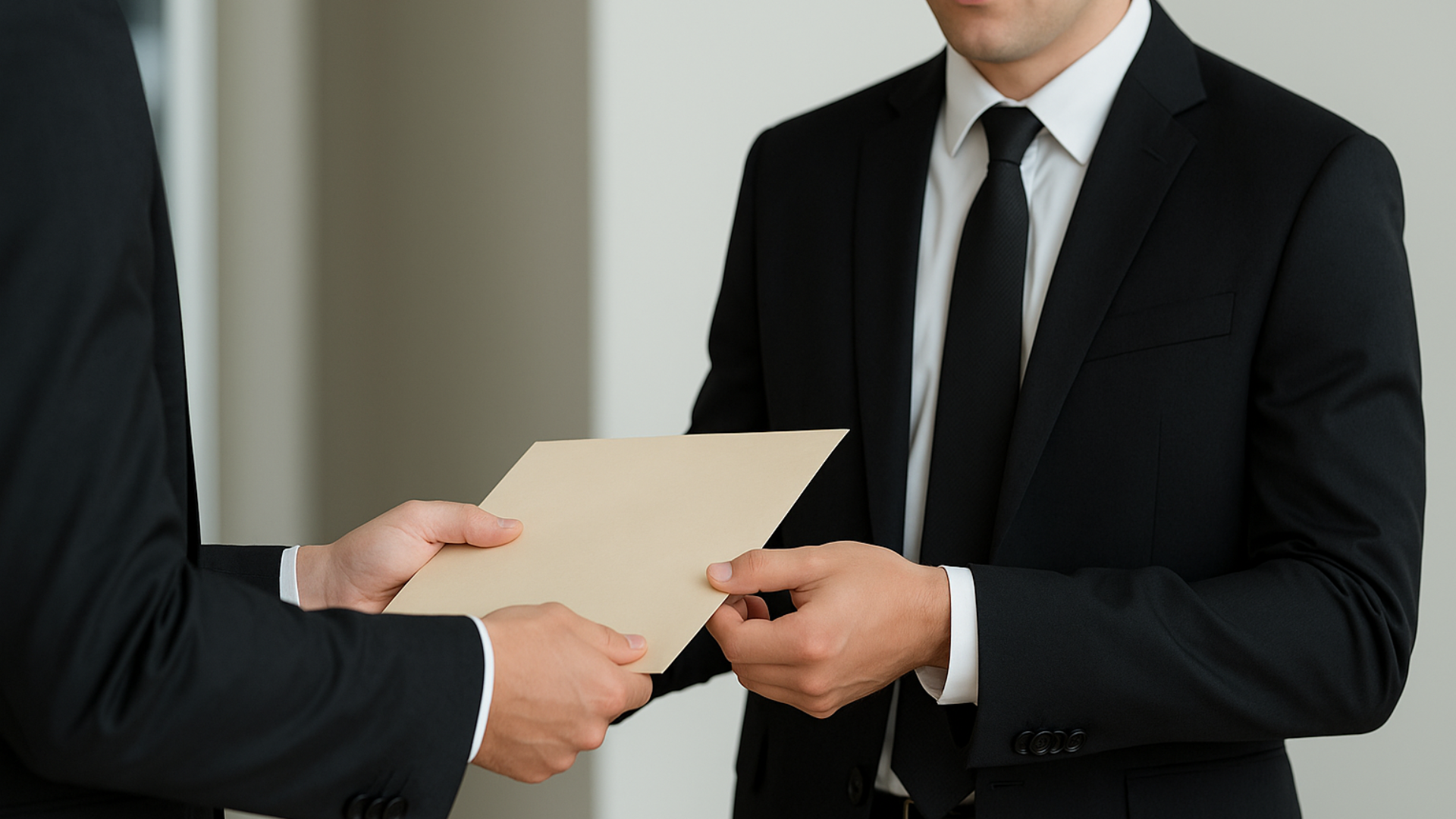 Two men in suits exchanging a document. One man’s hand is handing a brown envelope to the other.