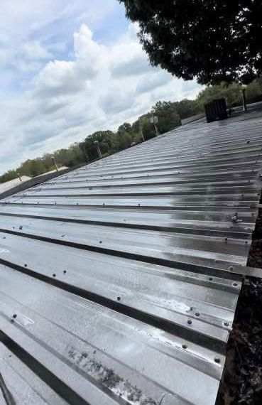 A close up of a metal roof with a tree in the background.