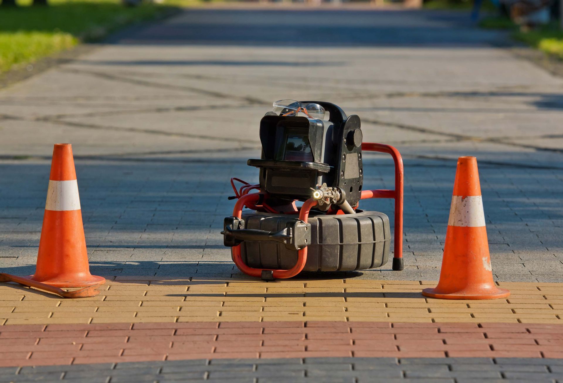 Drain inspection camera between two orange traffic cones on a brick pathway.